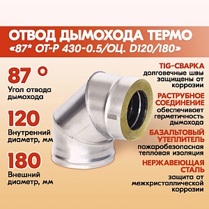 Отвод дымохода Термо 87* ОТ-Р 430-0.5/Оц. D120/180 из нержавеющей стали двухконтурный с тепловой изоляцией, сэндвич колено из нержавейки дымового канала